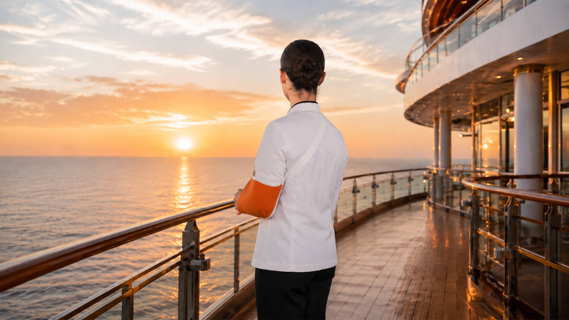 A cruise ship crew member with one arm in an orange sling stands on an exterior deck at sunset.