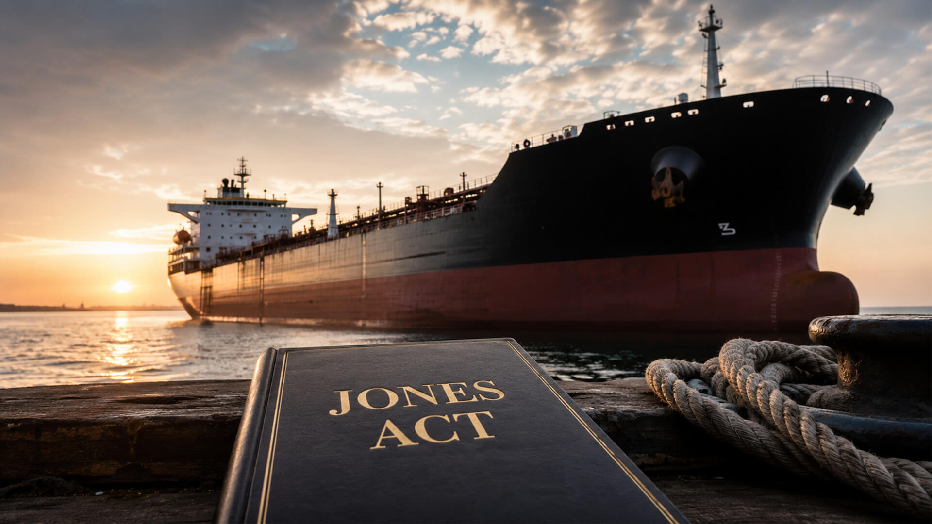 A book titled “Jones Act” lies on a dock in front of a large tanker at sunset.