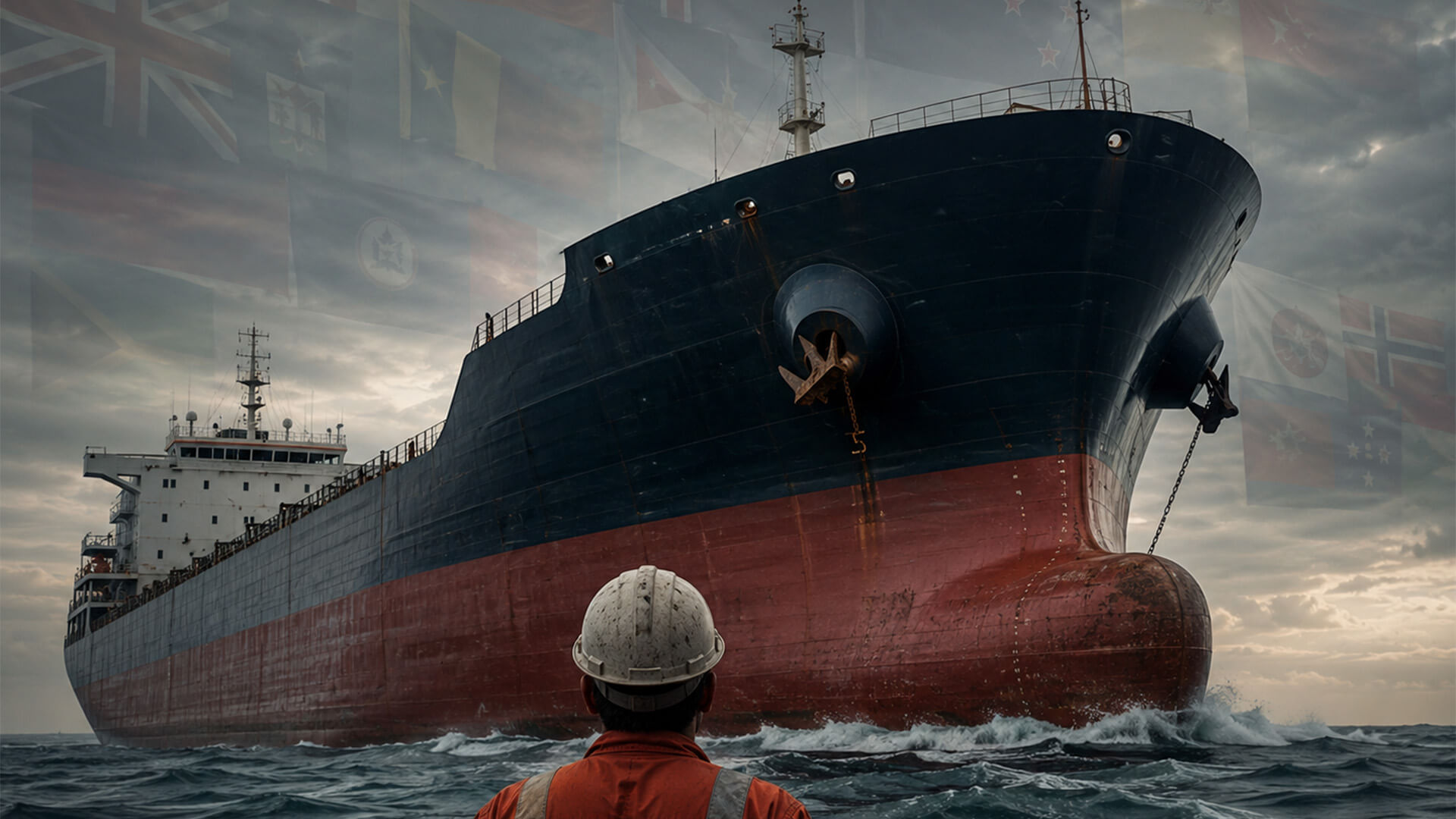 A worker in a hard hat faces a large cargo ship moving through rough seas under dark clouds.